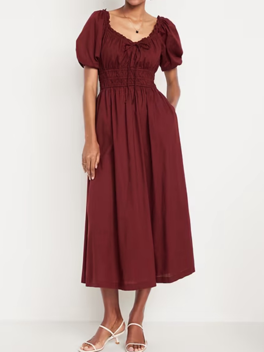 Fit & Flare Puff-Sleeve Midi Dress Smocked in Burgundy women L